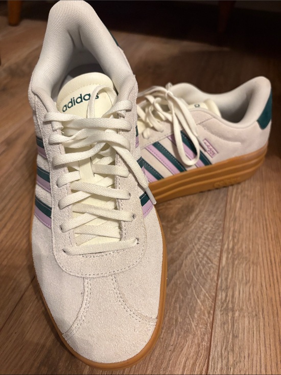 adidas Shoes - adidas Women's Off-White Suede Sneakers with Pink and Teal Stripes and Gum Sole